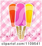 Clipart Fruit Popsicles Over Pink Gingham And Floral Vines Royalty Free Vector Illustration by elaineitalia