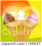 Poster, Art Print Of Strawberry Vanilla And Chocolate Ice Cream Cones Over Swirls