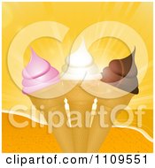 Poster, Art Print Of Strawberry Vanilla And Chocolate Ice Cream Cones And A Beach Sunset