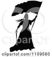 Clipart Silhouetted Lady Liberty Holding A Flag And Sword Royalty Free Vector Illustration