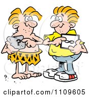 Clipart Caveman Using A BC Pad Tablet And A Modern Man Using An AD Ipad Tablet Royalty Free Vector Illustration by Johnny Sajem