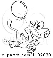 Clipart Outlined Happy Cat Running With A Birthday Balloon Royalty Free Vector Illustration by toonaday