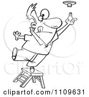 Poster, Art Print Of Outlined Man Standing On The Top Of A Ladder And Installing A Light Bulb