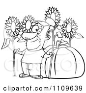 Outlined Green Thumb Farmer With Sunflowers And A Giant Pumpkin