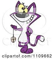 Clipart Purple Cat Swinging A Computer Mouse Royalty Free Vector Illustration by toonaday