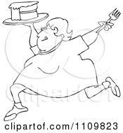 Clipart Outlined Cartoon Happy Fat Woman Running With Cake Royalty Free Vector Illustration