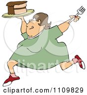 Poster, Art Print Of Cartoon Happy Fat Woman Running With Cake