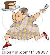 Poster, Art Print Of Cartoon Happy Obese Woman Running With Cake