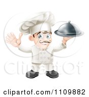 Happy Chef Waving And Holding Up A Platter