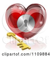 3d Red Shiny Heart And Gold Key With A Keyhole