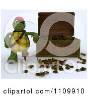 Poster, Art Print Of 3d Tortoise Pirate Leaning On A Treasure Chest With Coins And A Map