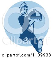 Poster, Art Print Of Retro Waiter Serving A Platter Over A Blue Circle