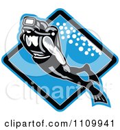 Poster, Art Print Of Retro Scuba Diver Swimming Over A Blue Diamond