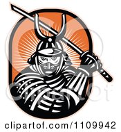Clipart Retro Samurai Warrior With A Katana Sword On Orange Royalty Free Vector Illustration
