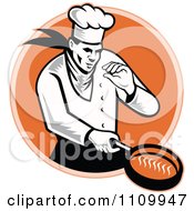 Poster, Art Print Of Retro Chef Cooking With A Frying Pan Over An Orange Circle