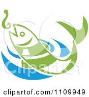 Poster, Art Print Of Green Fish Leaping For A Hook Over Blue Water