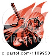 Retro Demon Devil Holding Up A Trident Over Flames