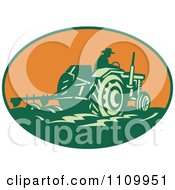 Retro Farmer Operating A Tractor And Plowing A Field In An Orange Oval