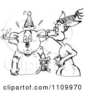 Black And White Aussie Kangaroo Blowing A Noise Maker Through A Koalas Ear At A Party