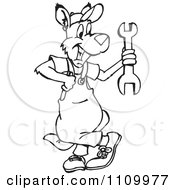 Clipart Black And White Aussie Kangaroo Auto Mechanic Holding A Wrench Royalty Free Vector Illustration