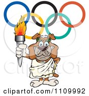 Poster, Art Print Of Olympic Games Bulldog Holding A Torch Under Rings
