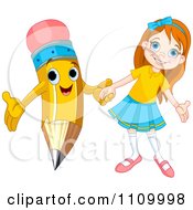 Poster, Art Print Of Happy School Girl Holding Hands With A Pencil