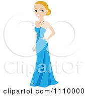Beautiful Blond Woman Posing In A Formal Blue Gown