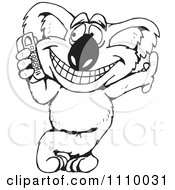 Clipart Black And White Aussie Koala Leaning And Talking On A Cell Phone Royalty Free Vector Illustration