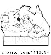 Black And White Aussie Koala Hugging A Platypus And Kookaburra Over An Australia Map And Banner