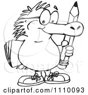 Clipart Black And White Aussie Echidna Holding A Pencil And Folder Royalty Free Vector Illustration by Dennis Holmes Designs