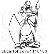 Clipart Black And White Aussie Pygmy Hunter With A Spear And Shield Royalty Free Vector Illustration
