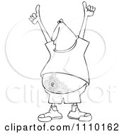 Outlined Cartoon Man Holding Two Thumbs Up High And Showing His Hairy Belly