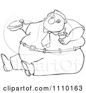Outlined Cartoon Unhealthy Obese Man Eating A Hamburger And Holding A Soda