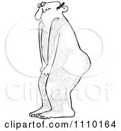 Outlined Cartoon Embarassed Naked Hairy Man Covering His Privates