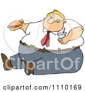 Cartoon Unhealthy Obese Man Eating A Hamburger And Holding A Soda