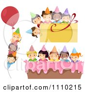 Poster, Art Print Of Diverse Happy Party Kids With Birthday Balloon Present And Cake Borders