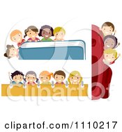 Poster, Art Print Of Happy Diverse School Kids With Backpack Book And Notebook Borders