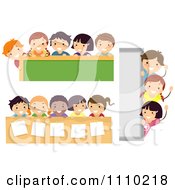 Poster, Art Print Of Happy Diverse School Kids With Chalk White And Bulletin Board Borders
