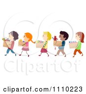 Poster, Art Print Of Line Of Diverse Happy Kids Carrying Boxes Of Books Clothing And Toys For Charity Drives
