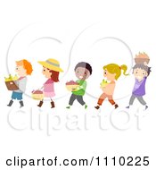 Clipart Line Of Diverse Happy Harvest Kids With Bushels Of Produce Royalty Free Vector Illustration