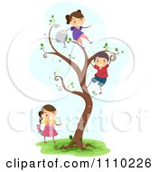 Happy Children Watering Planting And Climbing A Magic Tree