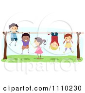 Line Of Diverse Happy Kids Playing On Bars