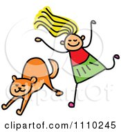 Poster, Art Print Of Sketched Stick Girl Running To Her Cat