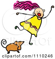 Clipart Sketched Stick Girl Running From A Mouse Royalty Free Vector Illustration