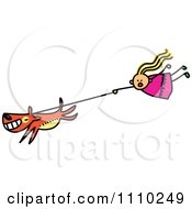 Sketched Stick Girl Flying Behind Her Dog On A Leash