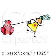 Poster, Art Print Of Sketched Stick Girl Trying To Walk Her Dog On A Leash