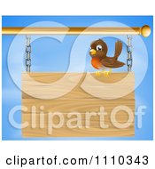 Poster, Art Print Of Happy Robin Bird Perched On A Wood Sign Against The Sky