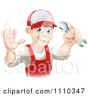 Poster, Art Print Of Happy Male Plumber Waving And Holding A Wrench