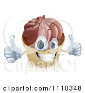 Clipart Happy Chocolate Frosted Cupcake Holding Two Thumbs Up Royalty Free Vector Illustration