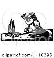 Caveman Warming Up By A Fire Black And White Woodcut